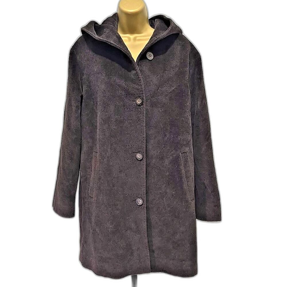Vintage Angora Wool Blend Hooded Heavy Pea Coat Womens Oversized 6 Brown Goblin